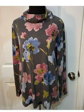 Trisha Tyler Floral Cowl Neck Sweater - Gray with Pink & Blue Flowers CB-AQ
